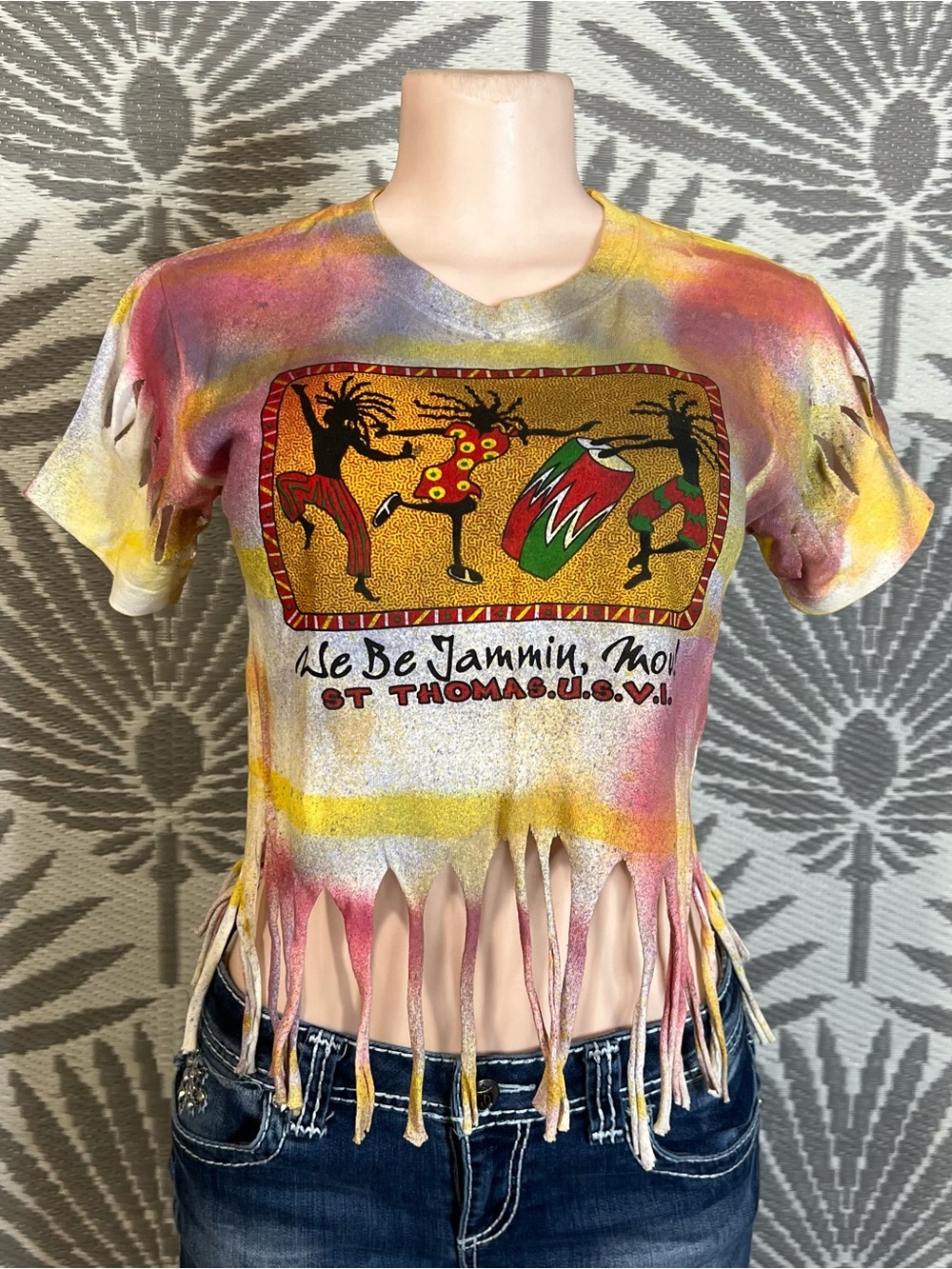 VTG St Thomas USVI Tie Dye Fringe Crop Top Youth 10/12 Single Stitch Boho